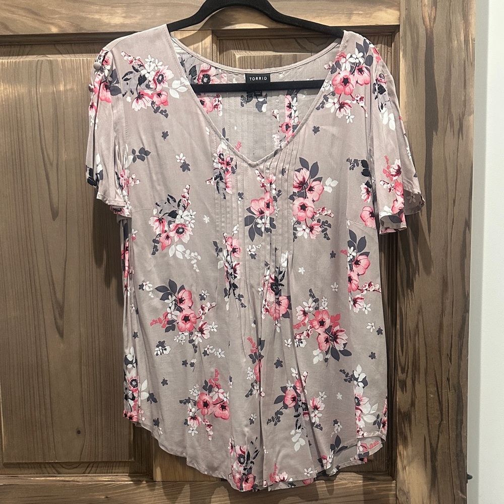 Torrid Pink and Gray Floral Blouse